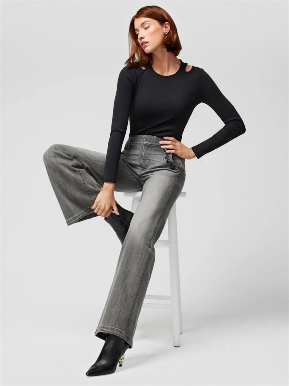 WHBM FORME Black Ribbed Cutout Long Sleeve Top Sz Small NWT